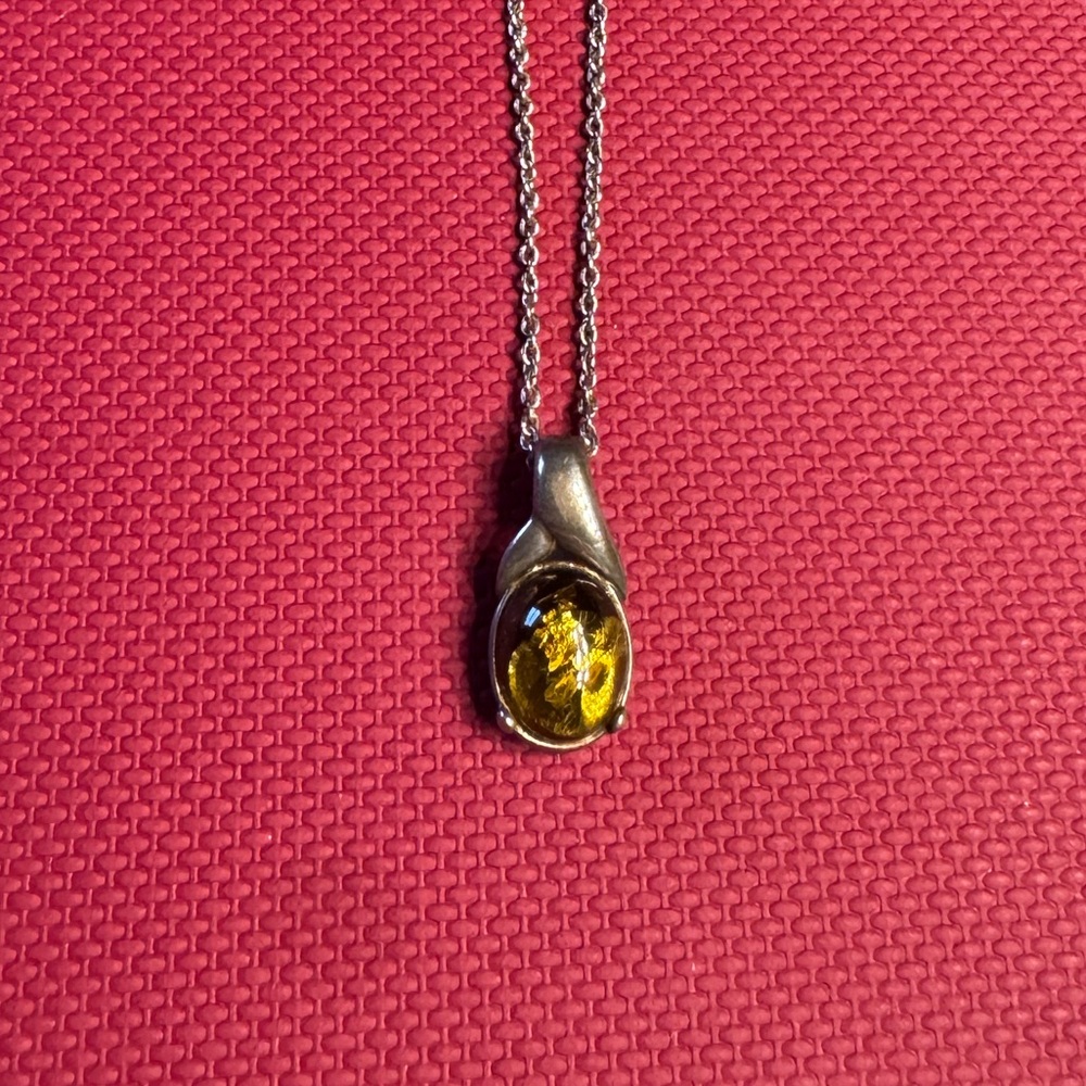 Elegant Silver and Green Amber Necklace